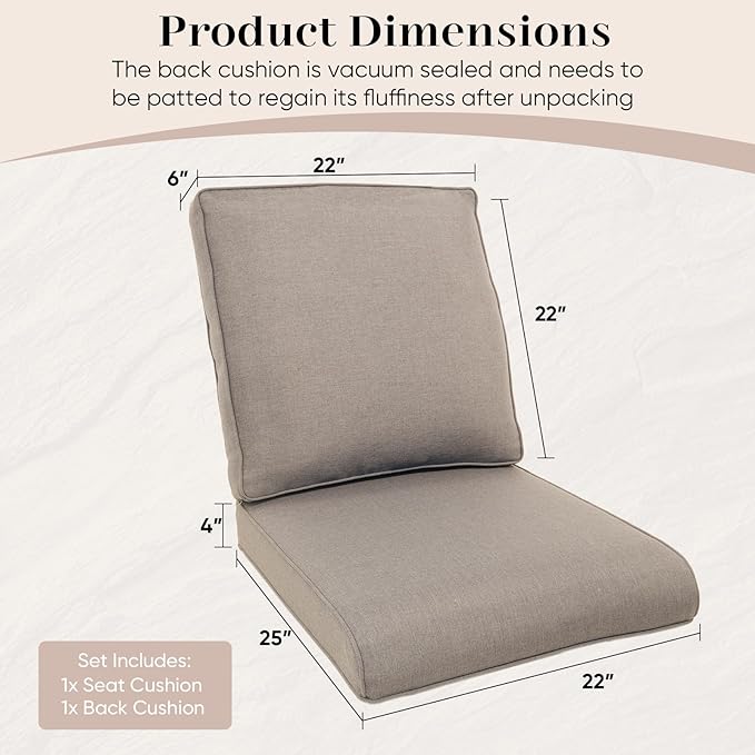 Outdoor Chair Cushions- 22 X 25 Inch High Density Sponge Patio Cushions Deep Seat Patio Furniture Cushions for Chair Sofa Couch-Grey/2 Piece