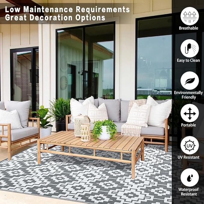 HUGEAR Outdoor Plastic Straw Rug, Waterproof Outdoor Rugs for Patios Clearance, Reversible Area Rug, Large Outside Carpet for Camping, Balcony, RV, Deck, 8x10ft Geometric/Gray&White