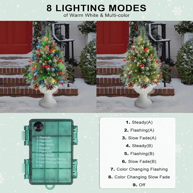 2 Pack Pre-lit Christmas Tree, Battery Operated with Timer, Multi-Color & Warm White Changing LED Lights, 27 inch Artificial Christmas Tree for Outdoor Porch, Urn Filler, Home Xmas Decorations
