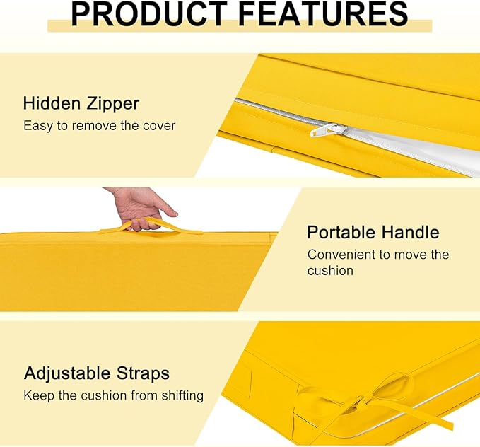 downluxe Waterproof Outdoor Chair Cushions for Patio Furniture, 22" x 22" x 3" Patio Chair Cushion with Adjustable Ties & Portable Handle, Square Outdoor Cushion with Removable Cover, Yellow, 2 Pack