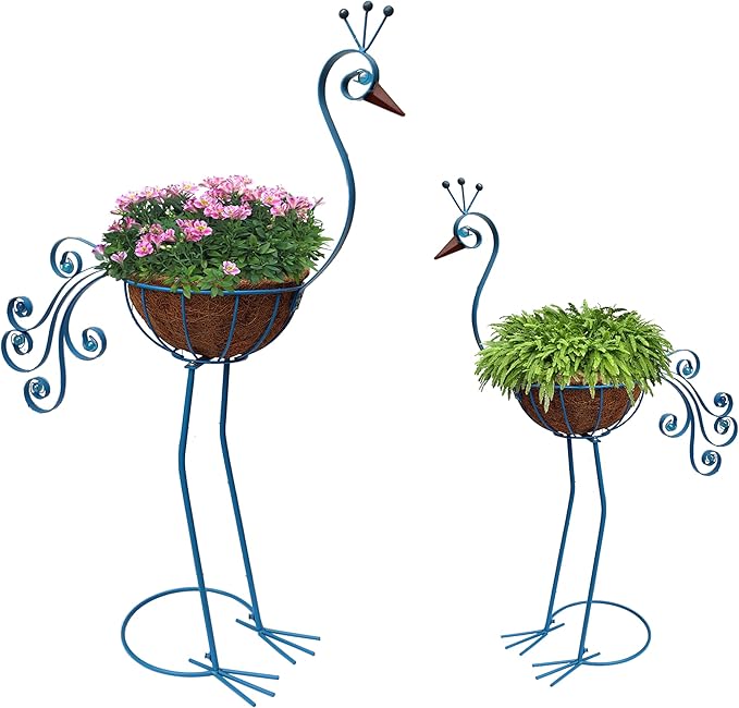 Blue Peacock Planters,Metal Peacock Plant Pots Decorations with Fiber Basket,Outdoor Indoor Standing Bird Planters Lawn Garden Décor Art for Lawn,Yard,Patio,Balcony Ornament（Set of 2）