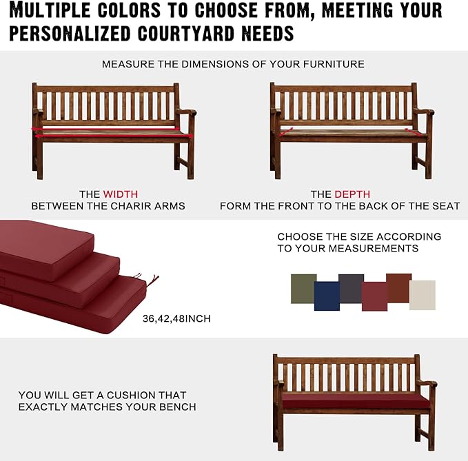 Outdoor Bench Cushion 4 inches Memory Foam Waterproof Patio Furniture Bench Cushion Porch Swing Cushion with Handle and Adjustable Strap, 42 x 18 Inch Burgundy