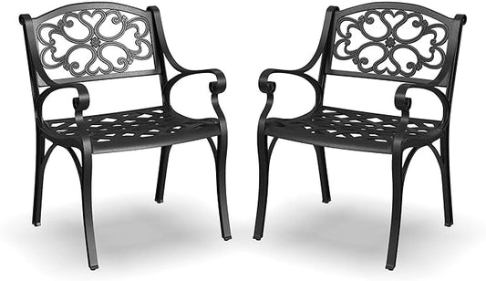 Homestyles Sanibel Black Stationary Cast Aluminum Outdoor Dining Chair, 2 Piece Patio Chairs, Set of 2 Garden Chairs with Armrest & Backrest for Garden Patio Pool Beach Yard, Black
