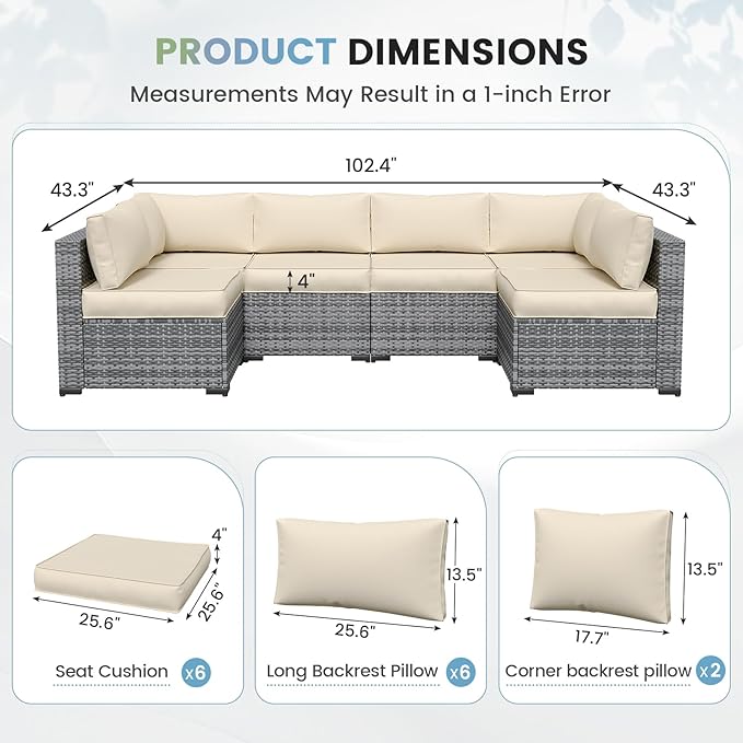 UDPATIO Outdoor Replacement Cushions for Patio Furniture, Water-Resistant Patio Cushion, 14-Piece Outdoor Couch Cushion for 6-Seat Sectional Conversation Sets (Cream)