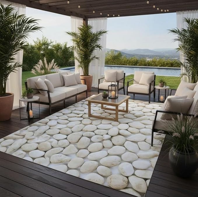 Cream White Cobble Stones Outdoor Rug for Patio Deck Balcony Backyard Porch Garden Pool Camping Non Slip Waterproof Thin Carpet Comfort Easy Clean Washable Reversible Art Deco Low Pile Mats 5x8