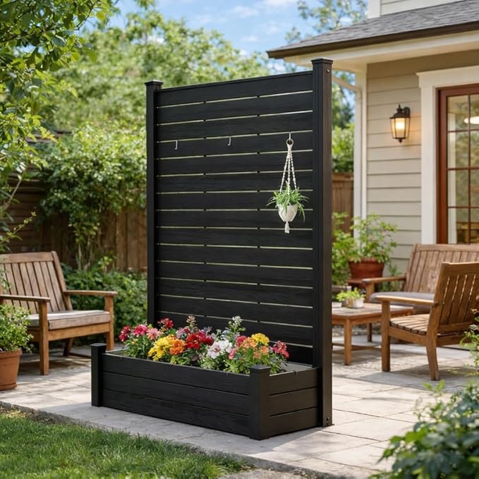 Kozyard Privacy Screen with Planter, 70" H x 51" W Outdoor Garden Screen, Waterproof Aluminum Frame with Thick Wood-Plastic Boards, Decorative Privacy Screen for Patio, Balcony & Backyard Gray