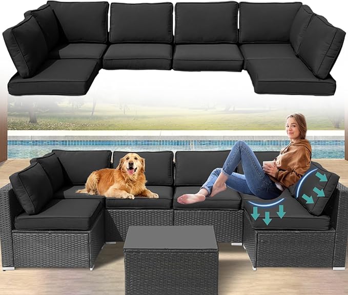 Patio Furniture Cushions,14Pieces Water-Resistant Outdoor Replacement Cushions,Sectional Sofa Cushions for Fits 6-Seats Rattan Wicker Patio Conversation Sets(Black)