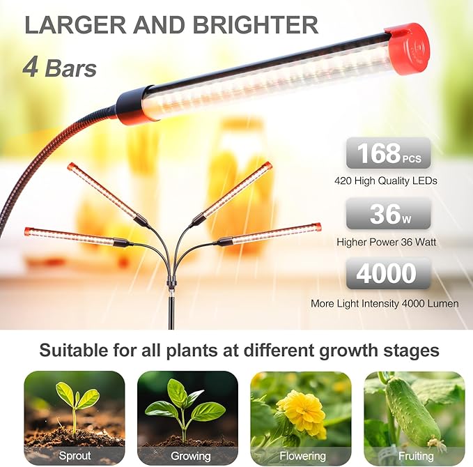 FECiDA Gamechanger! 36 Watt Power Draw, NO Need Adapter, 4Head Grow Light with Tripod Stand, 2026 Big Coverage LED Grow Lights for Indoor Tall Plants, Bonsai Tree, 4/8/12/16/20H Timer