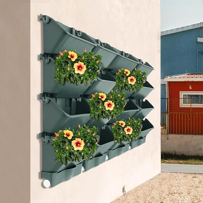 20Pack Vertical Wall Planter, 13 inch Wall Mounted Garden Planters, Stackable Wall Hanging Planter, Plastic Flower Pot with 4 Drainage Tray & 6.56FT Drainage Pipe for Indoor and Outdoor (Green)