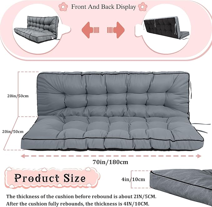 2-3 Seat Swing Replacement Cushion, Outdoor Bench Cushions with Backrest Thicken 4", Patio Furniture Garden Porch Loveseat Glider Pad Anti-Fading Waterproof (French Grey, 40x70in-thicken)