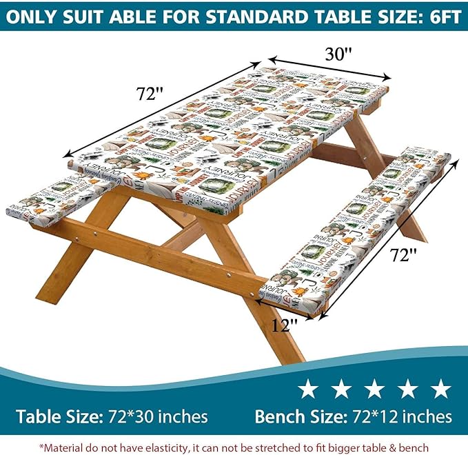 3PCS Picnic Table Cover with Bench Cover Adventure Bear Fox Forest Pattern Happy Camping Tablecloth Fitted Picnic Picnic Table Cover with Elastic Windproof Waterproof, Outdoor Camping Accessories 60IN