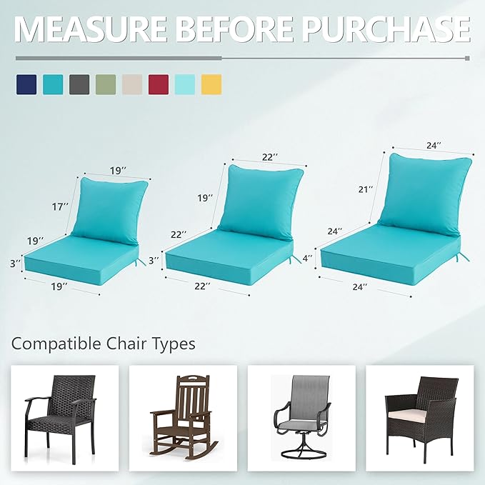 22x22 Inch Patio Chair Cushions Set of 4, Outdoor Furniture Cushions - Removable Cover, Water-Repellent, Fade-Resistant, Non-Slip Bottom & Straps, Replacement for Lawn, Porch & Deck Chair - Teal