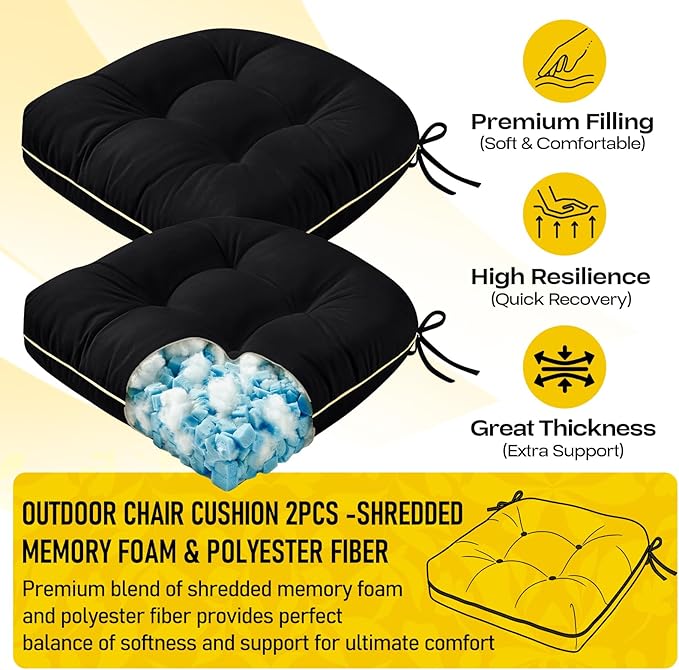 Outdoor Chair Cushions Set of 2, Outdoor Cushions for Patio Furniture and Wicker Chair, Memory Foam Patio Seat Cushion Pads with Ties, 19 x 19 Inch (Black)