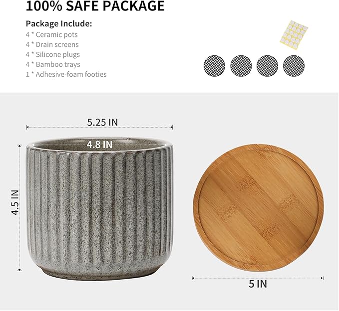 TAMAYKIM 5.25 Inch Ceramic Plant Pots with Drainage Holes and Saucers, Modern Vertical Pattern Flower Pots with Trays for Indoor Planters, Snake Plant, Succulent, Cactus and Herbs, Set of 4