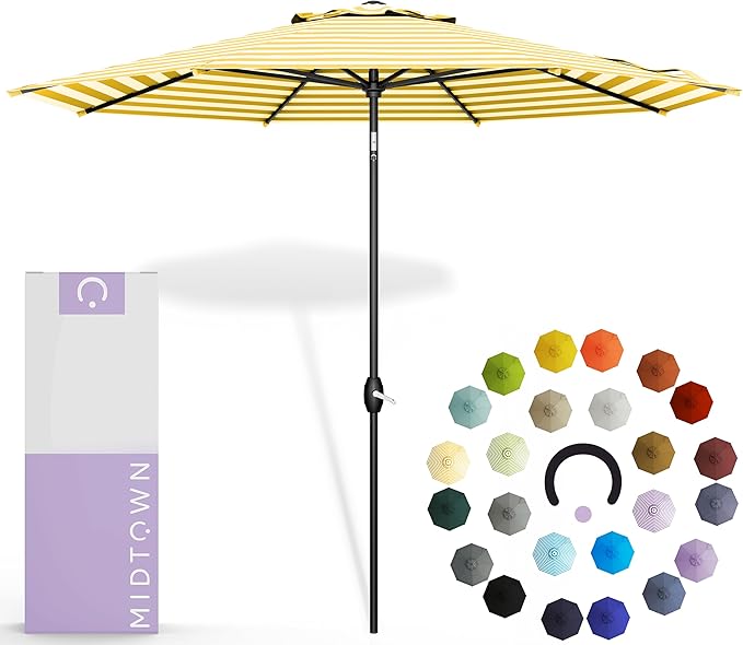Midtown Umbrellas - 10-Year-No-Fade 10 Ft Patio Umbrella with Terylast Fabric, Auto-Tilt Aluminum Frame and 8 Reinforced Ribs for Deck, Pool, Garden & Beach - White/Yellow Stripes Canopy, Black Pole