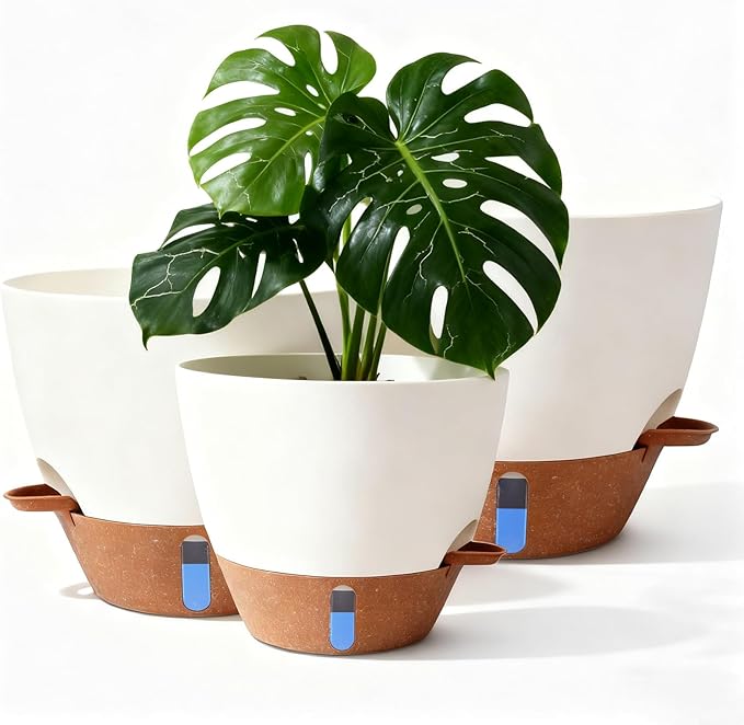 8/9/10 Inch Large Self Watering Pots, Plastic Flower Pots with Multi Mesh Drainage Holes and Water Level Indicator & Deep Reservoir for Indoor Outdoor Garden Plants and Flowers (White)