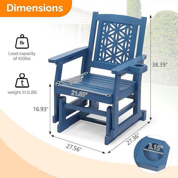 VINGLI Fir Wood Outdoor Glider with Floral Backrest, Wooden Patio Gliding Bench with Cup Holders, Smooth Rocking Chair for Garden, Yard & Porch (Blue, 2.3 FT)