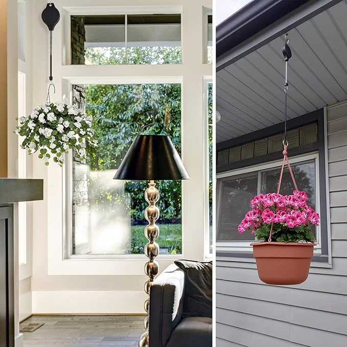 Sungmor Plant Pulleys 3PC Black Adjustable Plant Hangers, Indoor Outdoor Retractable Hanging Plant Hook, Telescopic Higher Lower Easy Reach Ceiling Hooks for Hanging Flower Basket Planter Bird Feeder