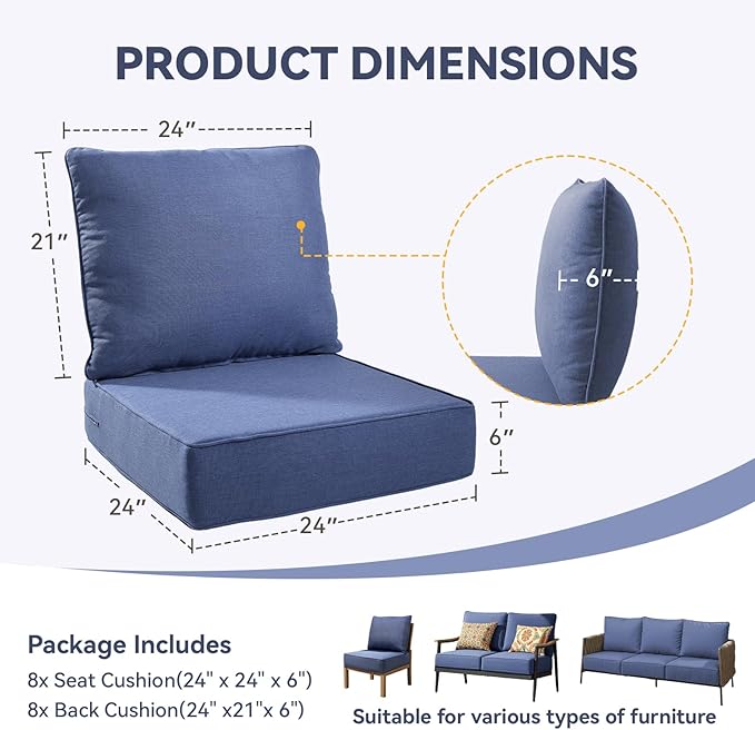 Outdoor Cushion Set for Furniture Patio Furniture, UV Resistant, Water Resistant - 6 Inch Thick Foam Garden Cushions– 24x24 Inch Patio Seat Covers for Chair/Sofa/Couch | Blue | 8-Pack |