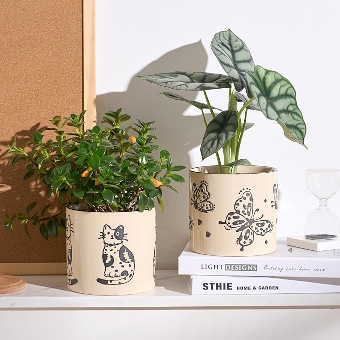 5 Inch Ceramic Plant Pots with Drainage Holes, Small Round Flower Pots for Indoor Plant, Unique Animal Flower Planters (Cat)