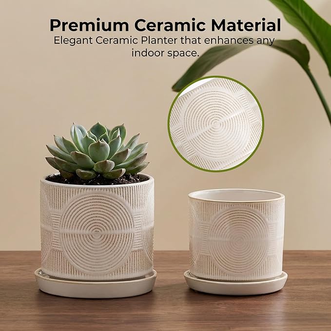 Ceramic Plant Pots, Set of 2, Pots for Plants(4.5+5.5inch), Flower Pots for indoor planters with drainage and tray, Indoor Plant Pots for Succulents Cactus Herbs - Small Planters for Home Office Decor