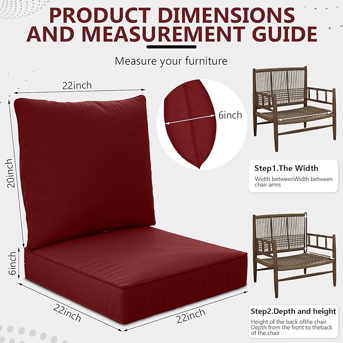 22" x 22" x 6" Outdoor Deep Seat Cushions Set - 4 Set Waterproof & Fade Resistant Patio Furniture Replacement Cushions, Non-Slip Outdoor Cushions Fit Loveseats, Couches, Chairs, and Sofas