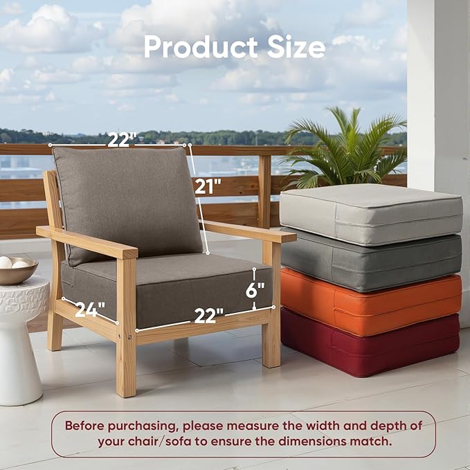 Outdoor Chair Cushions, 6 inch Thick Seat Cushion for Outdoor Furniture, Waterproof 22x24 Patio Furniture Cushions, Patio Couch Cushions Replacement, Include 2 Back & 2 Seat Cushion, Thick/Gray