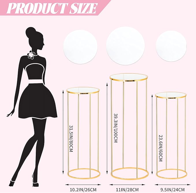 3PCS Cylinder Pedestal Stands for Parties, Gold Metal Plant Round Cylinder Stands for Party Flowers, Display Columns Pedestal Stand Cylinder Tables for Vases Birthday Party Backdrop Decorations
