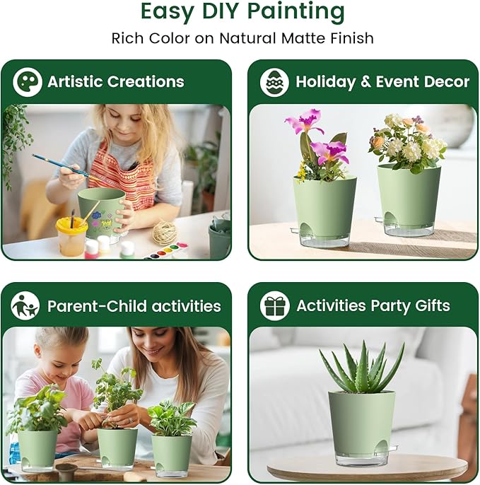 Self Watering Pots Set of 7 – Assorted Size 4" to 8" Indoor Plant Pots with Drainage Holes and Clear Reservoir for Visible Water Level, Plastic Wicking Planter for House Plants & Flower, Green