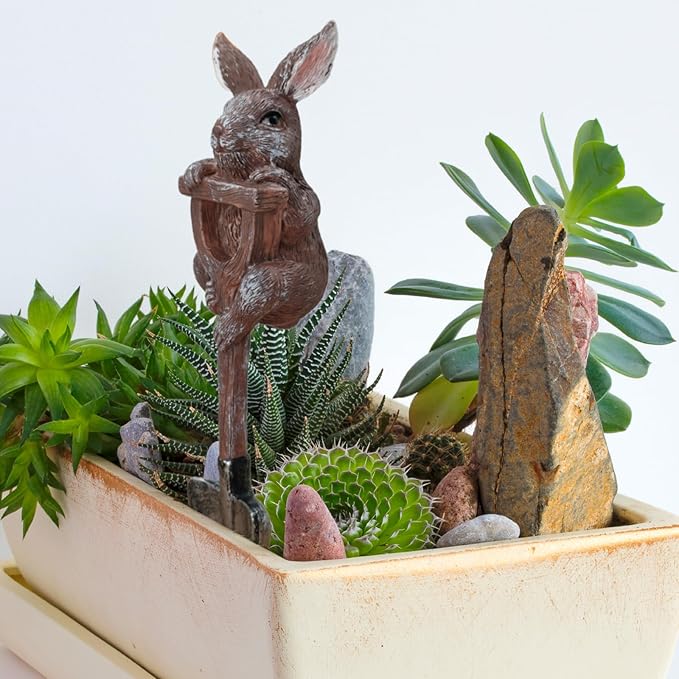 Bunny Garden Statue Resin Bunny Figurine on Shovel Rabbit Planter Outdoor Fairy Garden Yard Lawn Decoration Whimsical Plant Pots Stake Miniature Bunnies Sculpture Housewarming Gift Easter Ornament