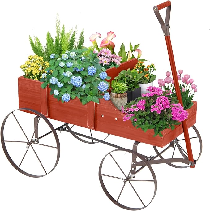 HAPPYGRILL Wooden Wagon Planter, 24.5” x 13.5” x 24” Decorative Garden Planter w/ 2 Planting Sections, Wheels, Handle, Small Decorated Cart, Flower Planter Box for Indoor Outdoor Patio (Red)