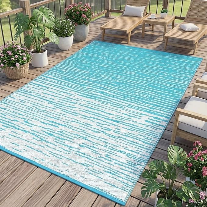 Outdoor Rug 8x10 Waterproof Patio Rugs Abstarct Line Reversible Mat for Front Door Rv Foldable Plastic Straw Carpet for Travel Trailers, Picnic, Porch, Camper, Balcony, Beach，Light Blue
