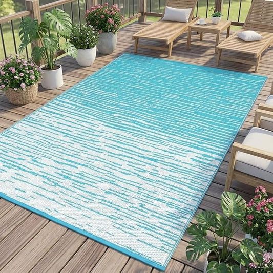9x12 Outdoor Rug Waterproof Foldable Plastic Straw Carpet for Patio Porch Abstarct Line Reversible Mat Lightweight Floor Mat for Picnic, Backyard, Rv, Beach, Deck, Camper, Balcony，Light Blue