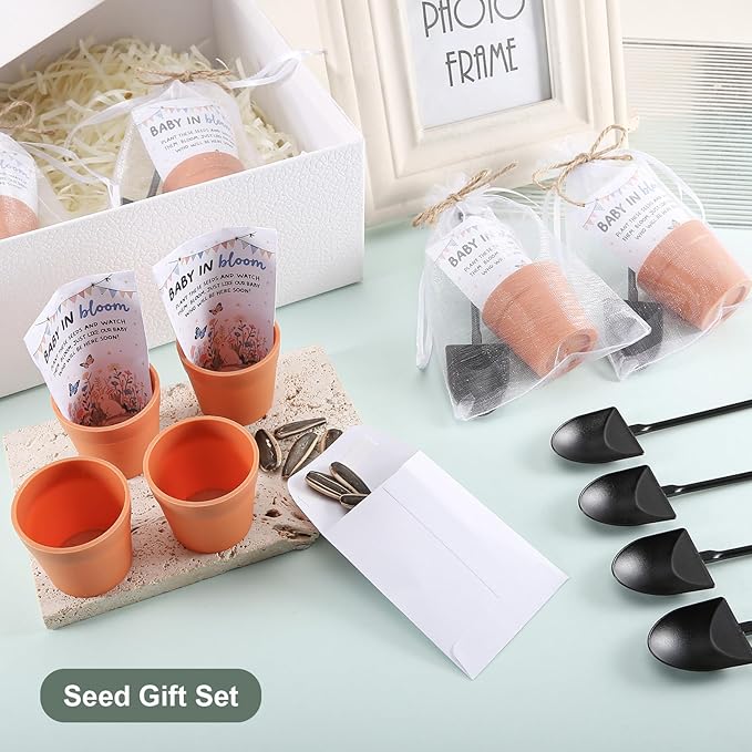 200 PCS Baby Shower Party Favor for Guests Include 50 Flower Seed Packets 50 Pots 50 Organza Bags 50 Garden Shovel for Baby Shower Birthday Party Favor, No Seeds