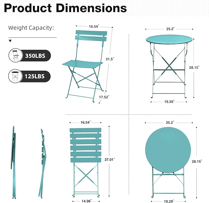 3 Piece Bistro Set, Folding Patio Furniture Set, Outdoor Table and Chairs Set for Patio, Garden, Balcony and Poolside，Peacock Blue