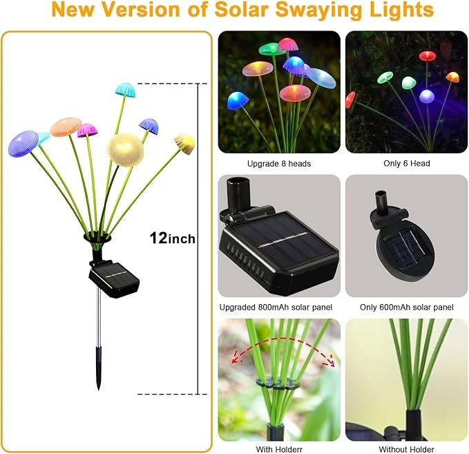 4 Pack Solar Garden Lights, 32 LEDs Swaying Mushroom Lights with 8 Lighting Modes, IP65 Waterproof Outdoor Decor for Garden, Yard, Patio, Pathway (Multicolor)