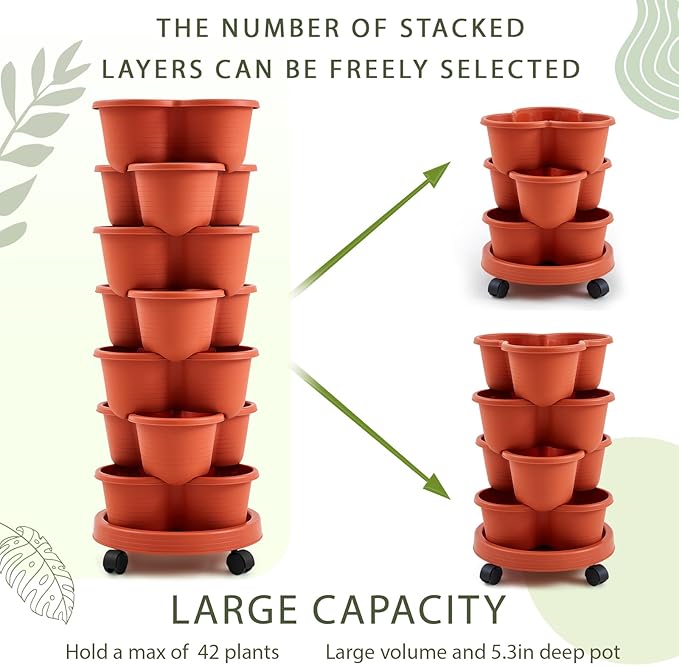 Umigy 2 Set of 7 Tier Stackable Vertical Planters with Removable Wheels and Tools Tower Planters Strawberry Herb Flower Vegetable Pots Indoor Outdoor Gardening Pots(Clay Red)