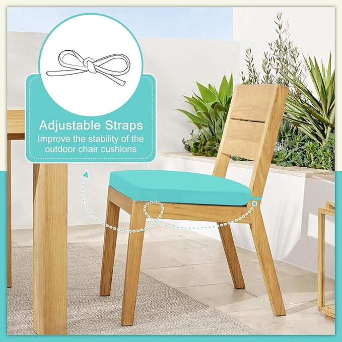 Cozyide Outdoor Chair Cushions, Waterproof Patio Seat Cushions with Adjustable Straps, Round Corner Patio Chair Cushions for Garden, Teal, 17x16x2 Inch (Pack of 4)