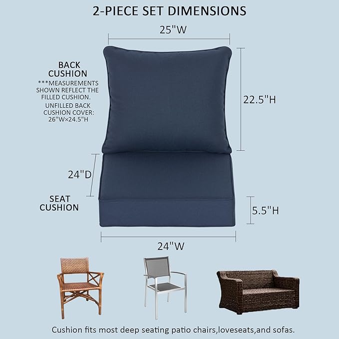24x24 Inch Outdoor Deep Seat Cushions Set of 2,Thick High-Density Foam, Water-Resistant, Piped Edges & YKK Hidden Zipper for Patio Furniture,Blue