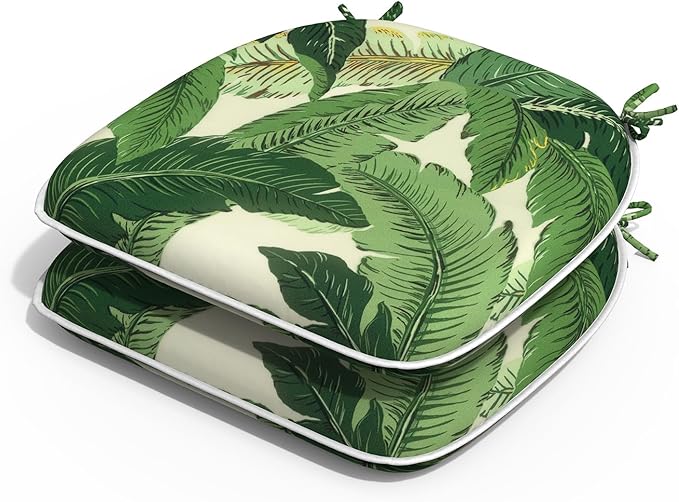 Outdoor Chair Cushions Set of 2, Water Resistant Patio Chair Pads with Ties, Seat Cushions for Home Garden Furniture Decoration, 16"x17", Swaying Palms Green