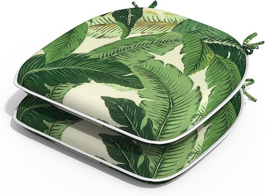 Outdoor Chair Cushions Set of 2, Water Resistant Patio Chair Pads with Ties, Seat Cushions for Home Garden Furniture Decoration, 16"x17", Swaying Palms Green