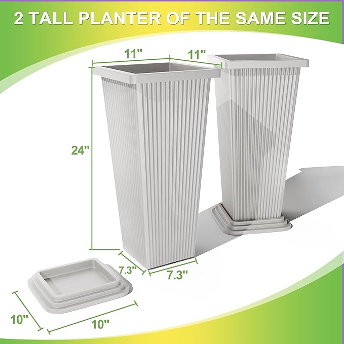 Set of 4 24" Tall Plastic Planters with Trays, Large Tapered Plant Pots for Indoor Outdoor Use, Modern Decorative Planters for Porch, Patio, Garden, and Backyard