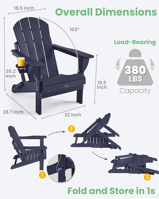 Ciokea Folding Adirondack Chairs Set of 4, Patio Adirondack Chair Weather Resistant, Plastic Fire Pit Chair with Cup Holder, Lawn Chair for Outdoor Porch Garden Backyard Deck, Dark Navy Blue