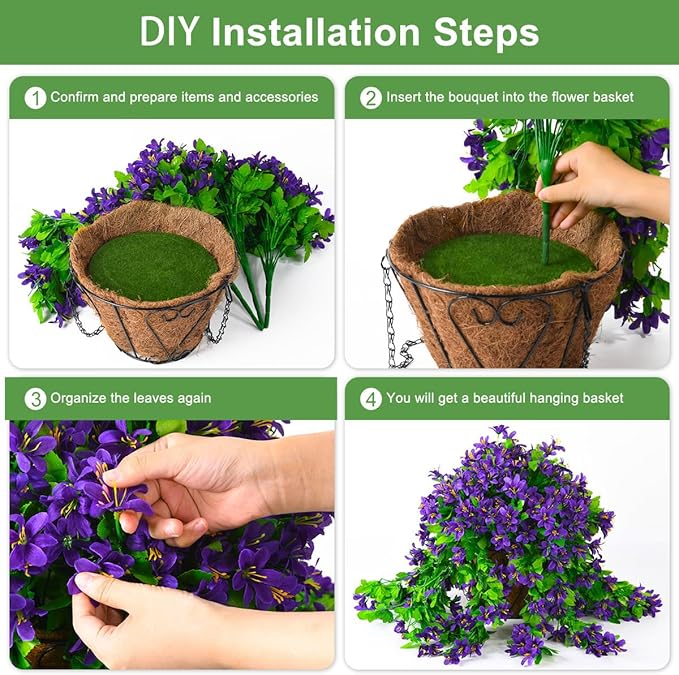 INQCMY Artificial Hanging Flowers in Basket for Spring Patio Garden Decoration, Faux Silk Violet in Planter UV Resistant Realistic for Outside Home Porch Balcony Yard Decor(Purple)