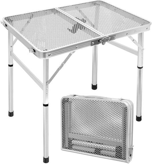 Small 2ft Folding Table with Carry Handle, Adjustable Height 10.6" or 22", Silver Metal Mesh, Portable & Compact Indoor/Apartment/Card/Side/Grill Table, 23.6"Lx15.8"W, Lightweight 4 lb, 66 lb Capacity