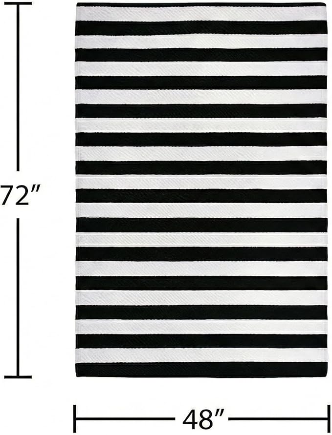 FH Home Outdoor Rug - Waterproof, Fade Resistant, Reversible - Premium Recycled Plastic - Striped - Patio, Deck, Porch, Balcony, Laundry Room - Brittany Stripe - Black & White Crease Free - 4 x 6 ft