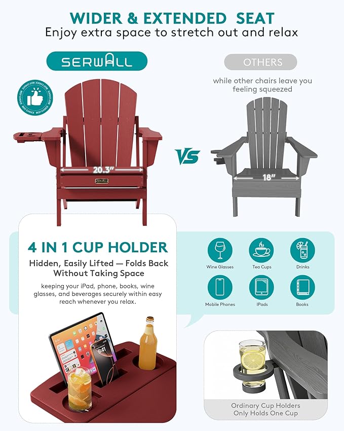 SERWALL Folding Adirondack Chair Set of 4, Outdoor Adirondack Chairs with 4 in 1 Cup Holder, Wood Texture Patio Chairs, Weather Resistant Fire Pit Chairs for Patio Deck Garden, Backyard - Red