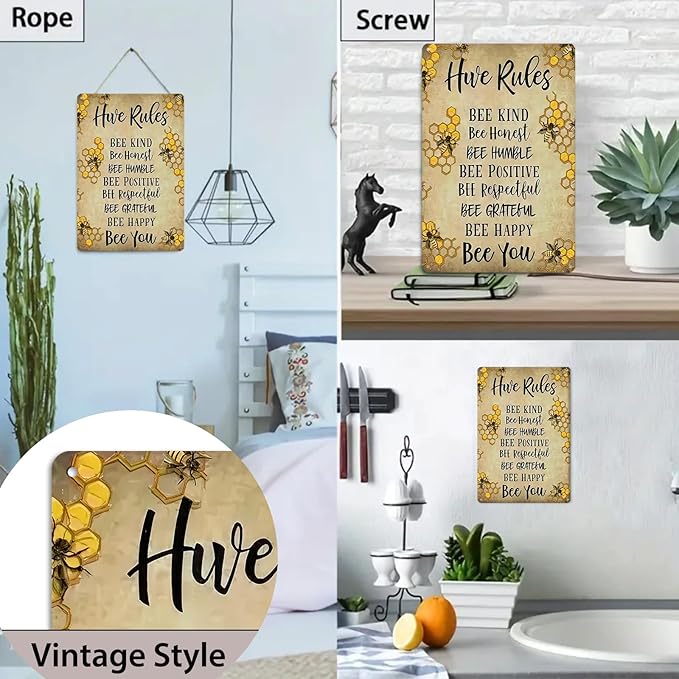 Vintage Hive Rules Metal Tin Sign "BEE KIND BEE HUMBLE Bee POSITIVE BEE Bee Respectful BEE GRATEFUL BEE HAPPY Bee You" Retro Wall Decor for Home Cabin Yard Backyard Decorations (8x12 Inch)