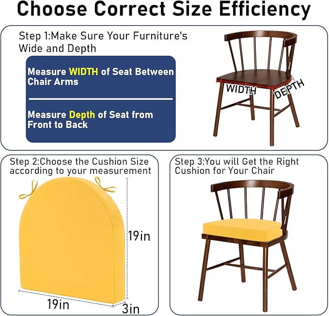 Topotdor Outdoor Chair Cushions Set of 2, 19"x19"x3" Waterproof Patio Chair Cushions for Outdoor Furniture, Round Corner Outdoor Seat Cushions Color Fastness Chair Pads with Ties, Yellow