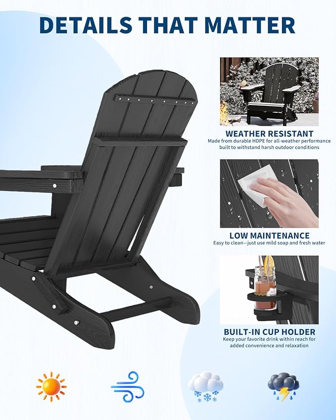 Folding Adirondack Chair Set of 2 with Side Table, All-Weather HDPE Outdoor Chair, Wooden Textured with Cup Holder for patios, Decks, Gardens, fire pits, Black